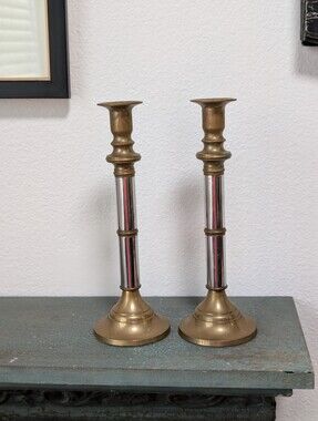 Vintage Set of 2 Brass Chrome Candlestick Holders 10” each The Import Collection